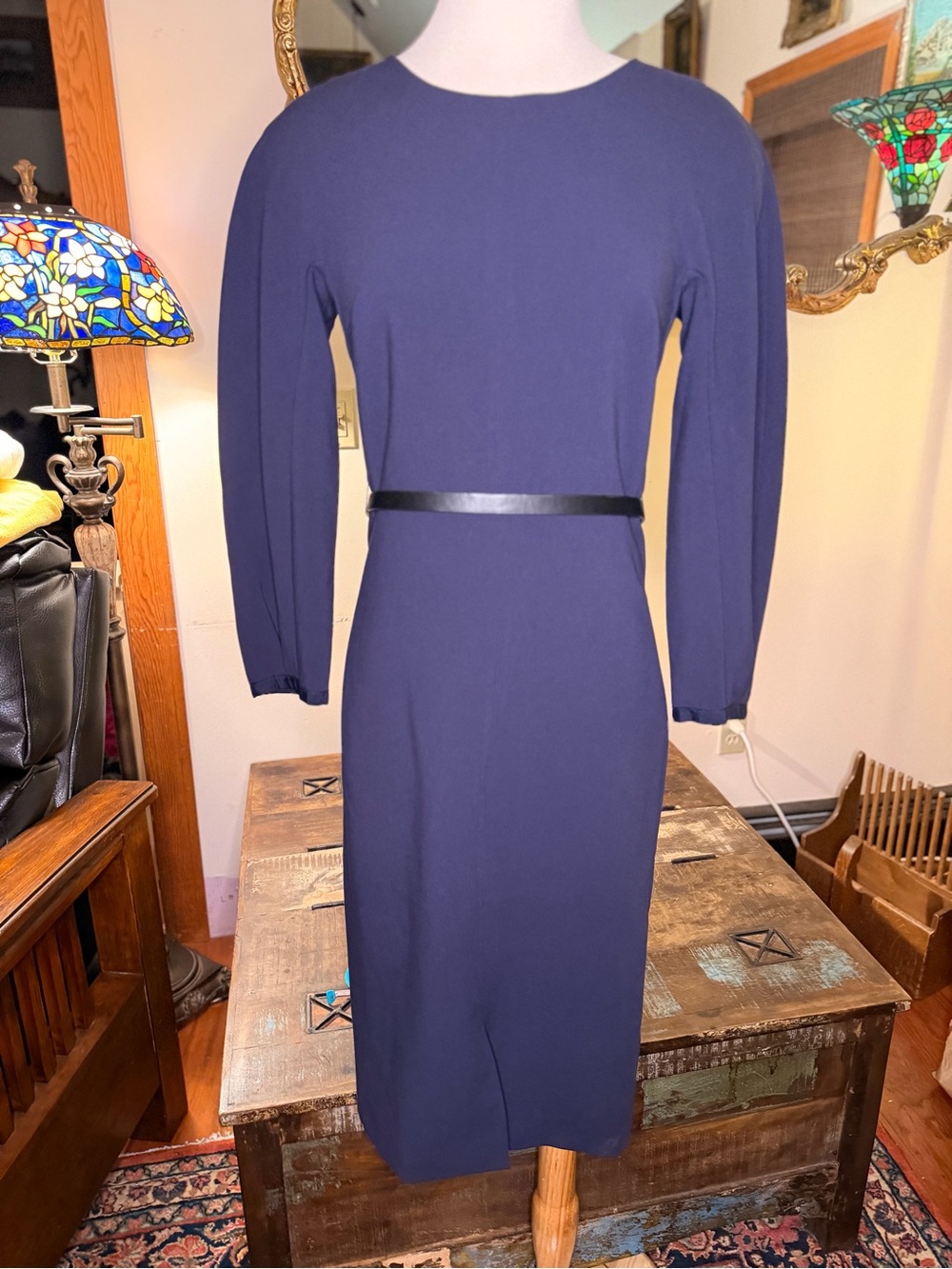 Massimo Dutti Navy Long-Sleeve Sheath Dress with Slim Belt